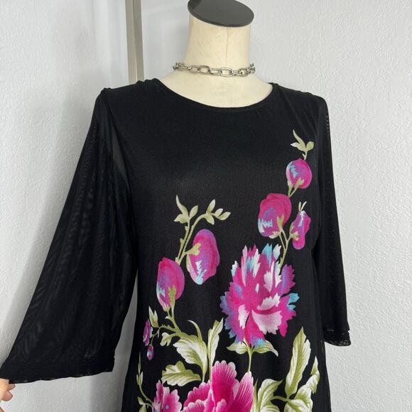 Foral Flower Mesh Flowy Layered Black Tunic Top Half Sleeves Lagenlook - Picture 3 of 7